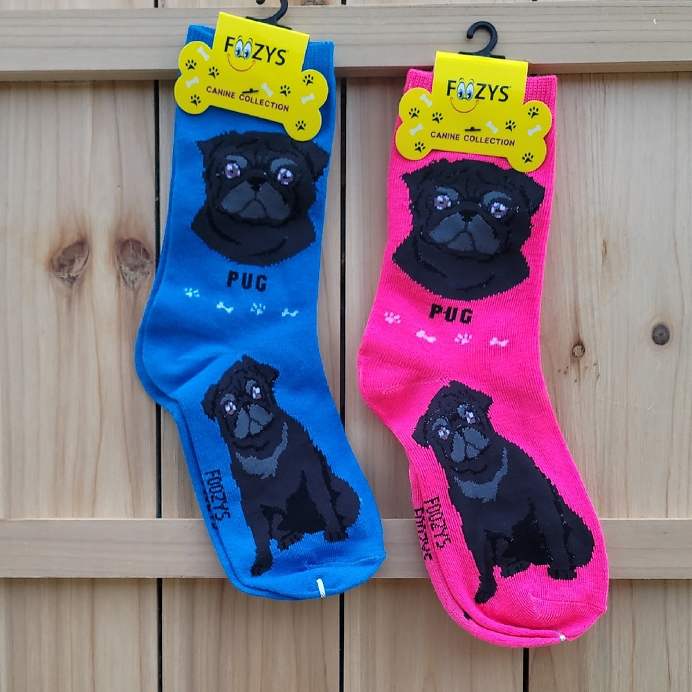 NWT Foozy's Pug Dog Socks - Blue and Pink - Unisex